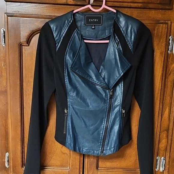 Entry Women's Biker Jacket in Black and Blue Green Faux Leather - Picture 2 of 4